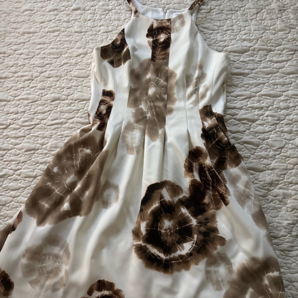 Calvin Klein White and Brown Pleated Halter Midi Dress